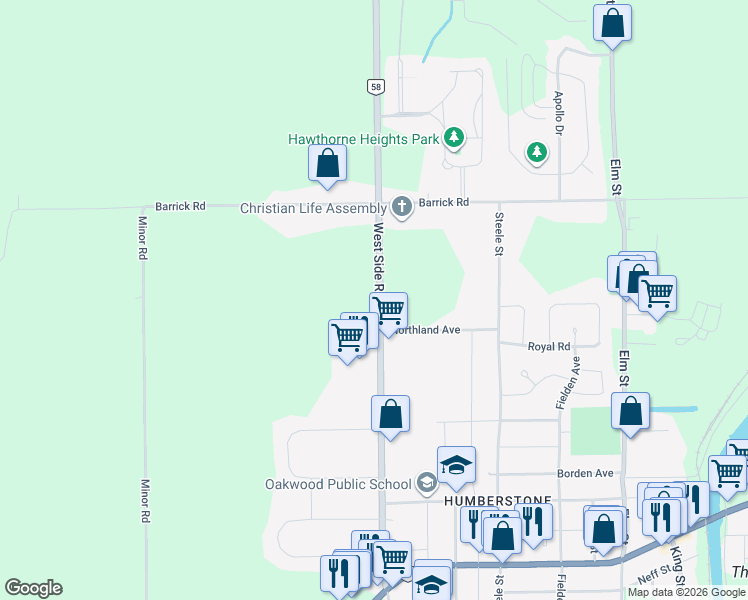 map of restaurants, bars, coffee shops, grocery stores, and more near 311 West Side Road in Port Colborne