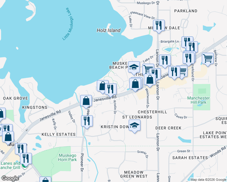 map of restaurants, bars, coffee shops, grocery stores, and more near S75W17661 Harbor Circle in Muskego
