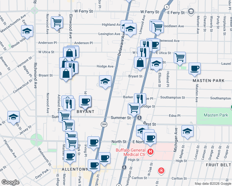map of restaurants, bars, coffee shops, grocery stores, and more near 849 Delaware Avenue in Buffalo