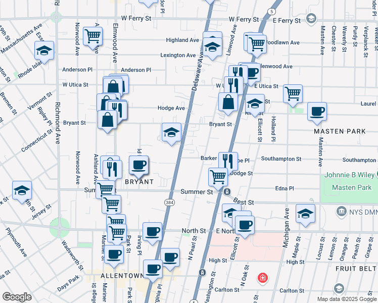 map of restaurants, bars, coffee shops, grocery stores, and more near 848 Delaware Avenue in Buffalo