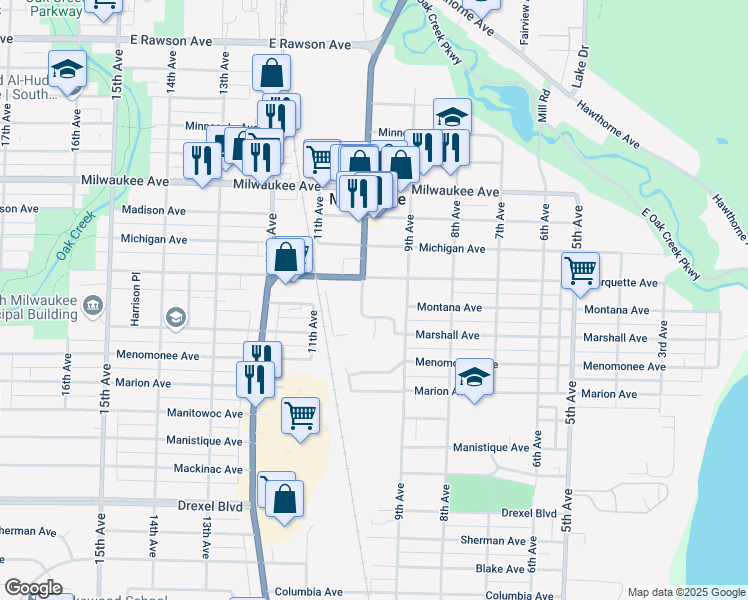 map of restaurants, bars, coffee shops, grocery stores, and more near 1001 Marquette Avenue in South Milwaukee