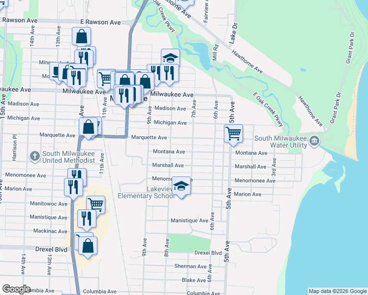 map of restaurants, bars, coffee shops, grocery stores, and more near 723 Marquette Avenue in South Milwaukee