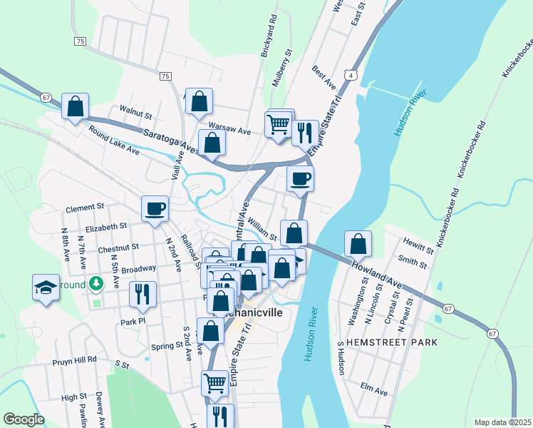 map of restaurants, bars, coffee shops, grocery stores, and more near in Mechanicville