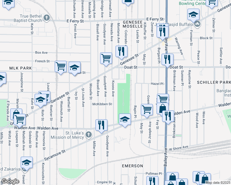 map of restaurants, bars, coffee shops, grocery stores, and more near 411 Koons Avenue in Buffalo