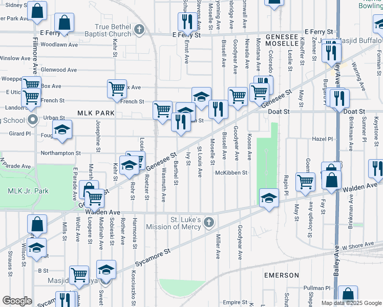 map of restaurants, bars, coffee shops, grocery stores, and more near 321 Fougeron Street in Buffalo