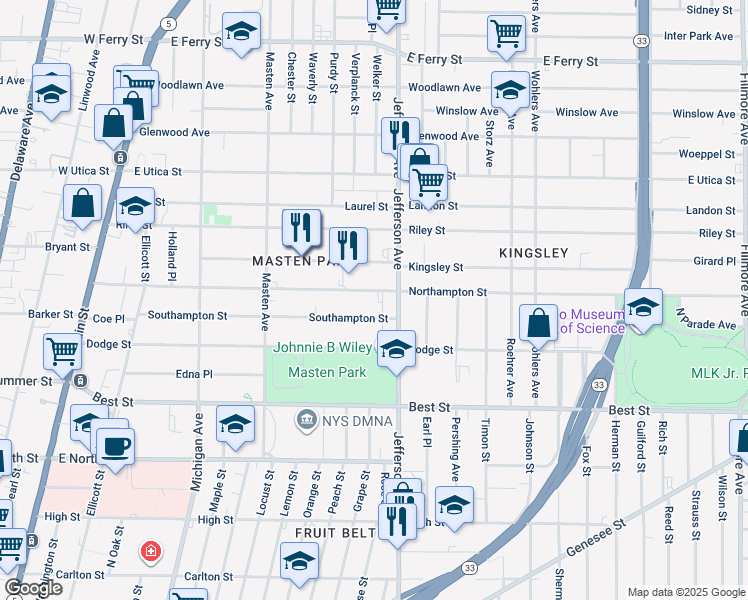 map of restaurants, bars, coffee shops, grocery stores, and more near 318 Northampton Street in Buffalo