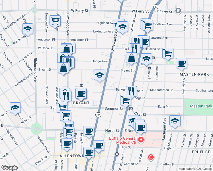 map of restaurants, bars, coffee shops, grocery stores, and more near 848 Delaware Avenue in Buffalo