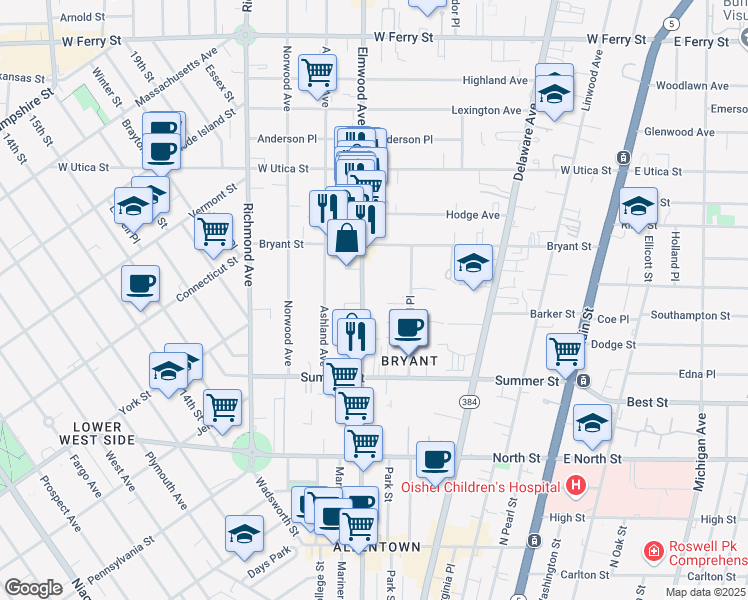 map of restaurants, bars, coffee shops, grocery stores, and more near 90 Oakland Place in Buffalo