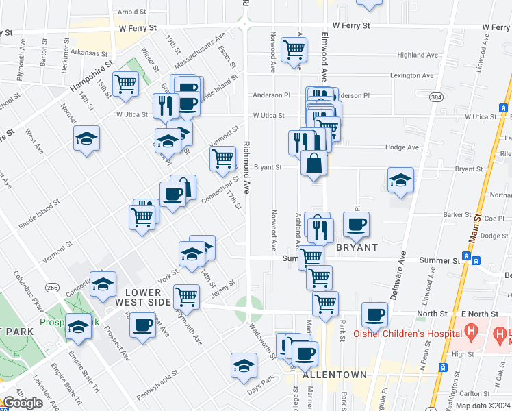 map of restaurants, bars, coffee shops, grocery stores, and more near 184 Richmond Avenue in Buffalo