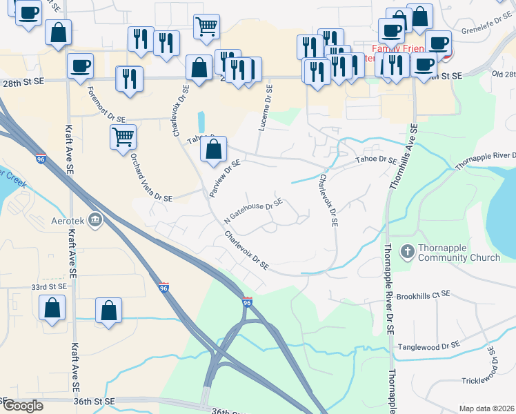 map of restaurants, bars, coffee shops, grocery stores, and more near 6063 North Gatehouse Drive Southeast in Grand Rapids