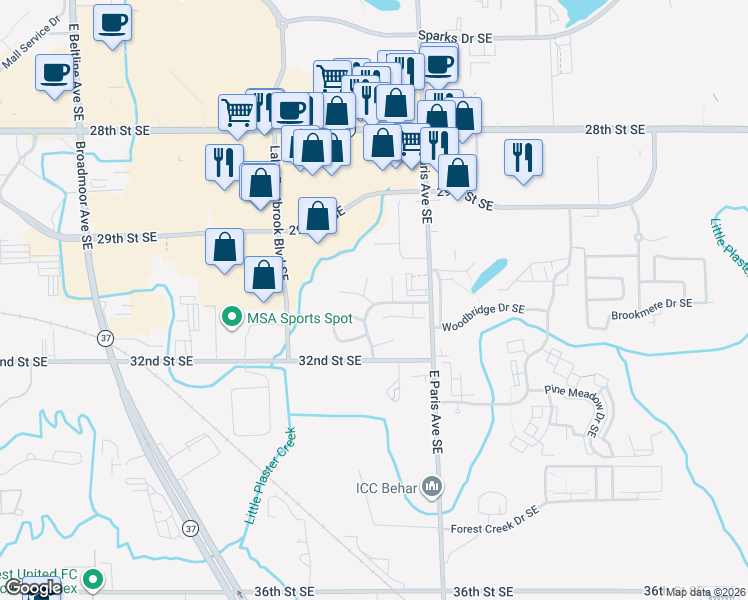 map of restaurants, bars, coffee shops, grocery stores, and more near 3831 Villa Montee Drive Southeast in Kentwood