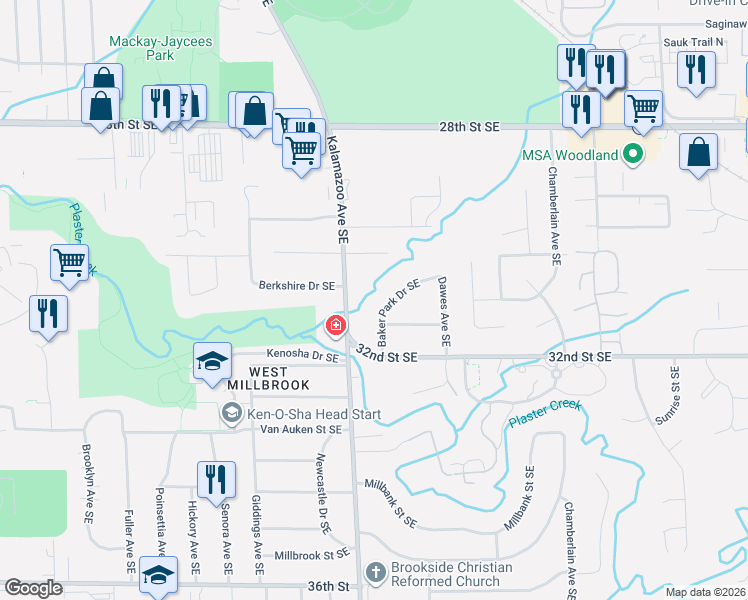 map of restaurants, bars, coffee shops, grocery stores, and more near 3111 Baker Park Drive Southeast in Grand Rapids