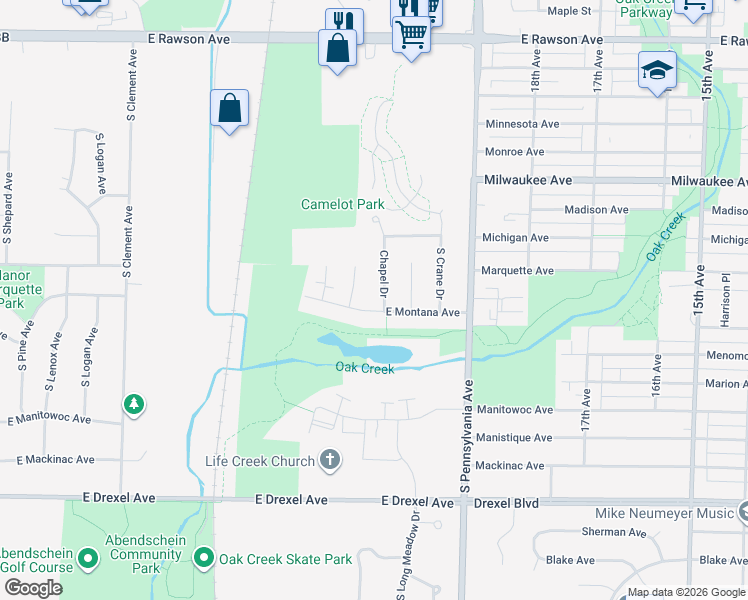 map of restaurants, bars, coffee shops, grocery stores, and more near 7542 Chapel Drive in Oak Creek