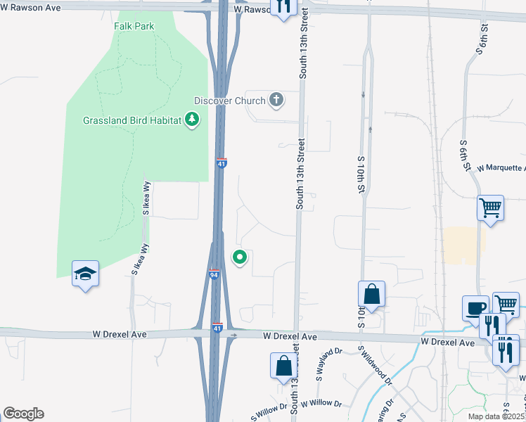 map of restaurants, bars, coffee shops, grocery stores, and more near 7581 South 13th Street in Oak Creek