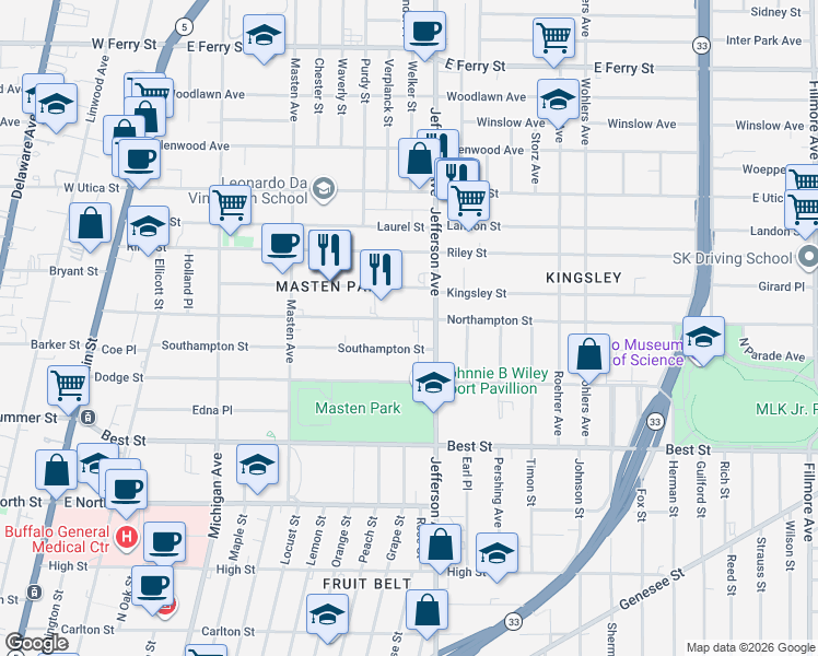 map of restaurants, bars, coffee shops, grocery stores, and more near 318 Northampton Street in Buffalo