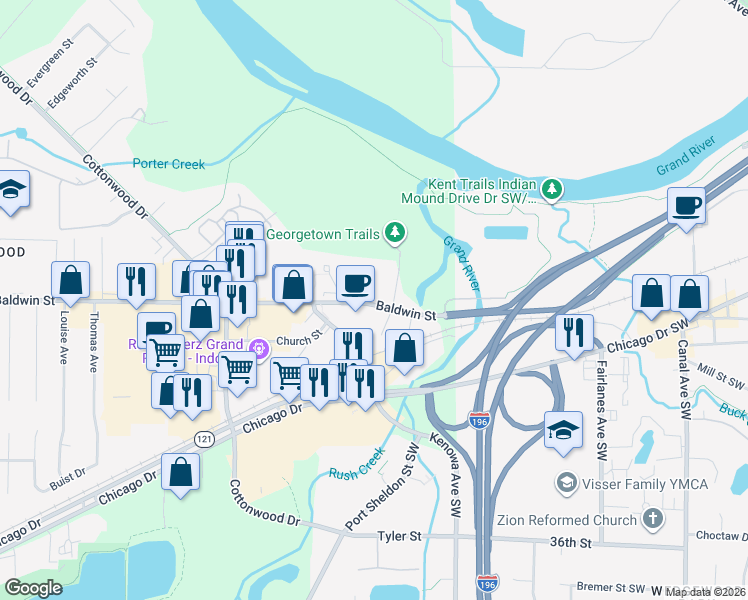 map of restaurants, bars, coffee shops, grocery stores, and more near 7627 River Avenue in Georgetown Township