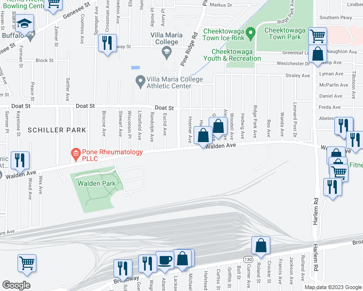 map of restaurants, bars, coffee shops, grocery stores, and more near 1080 Walden Avenue in Buffalo