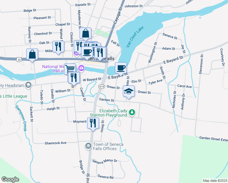 map of restaurants, bars, coffee shops, grocery stores, and more near 30 Green Street in Seneca Falls