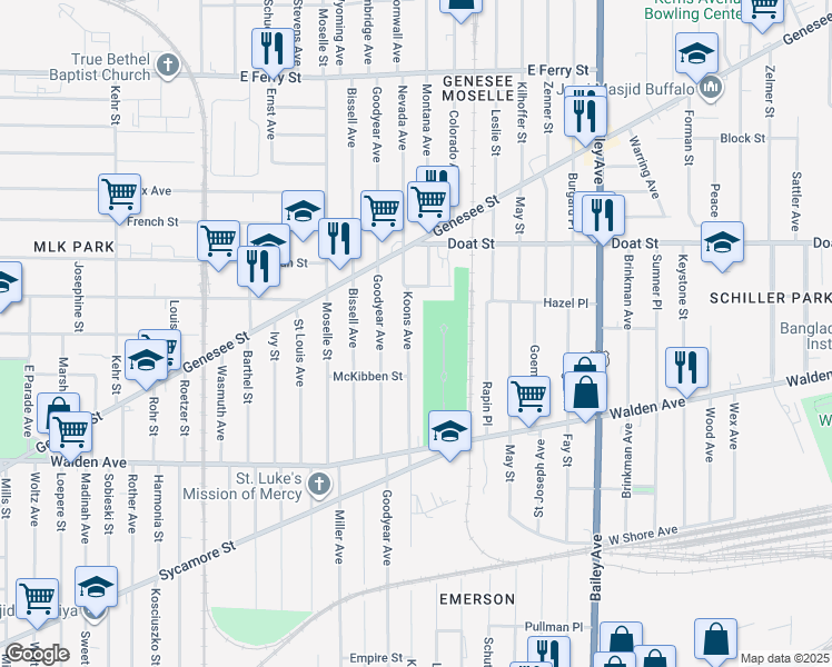 map of restaurants, bars, coffee shops, grocery stores, and more near 411 Koons Avenue in Buffalo