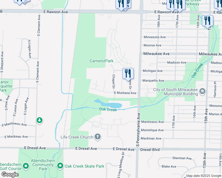 map of restaurants, bars, coffee shops, grocery stores, and more near 7542 Chapel Drive in Oak Creek