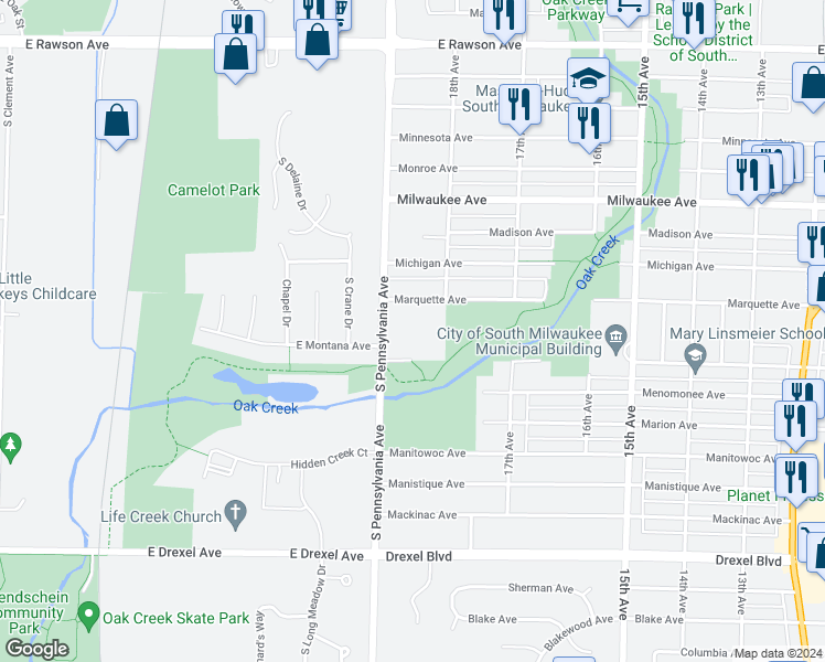 map of restaurants, bars, coffee shops, grocery stores, and more near 2415 Nicholson Avenue in South Milwaukee