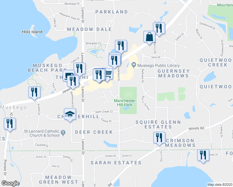 map of restaurants, bars, coffee shops, grocery stores, and more near S75W16830 Gregory Drive in Muskego