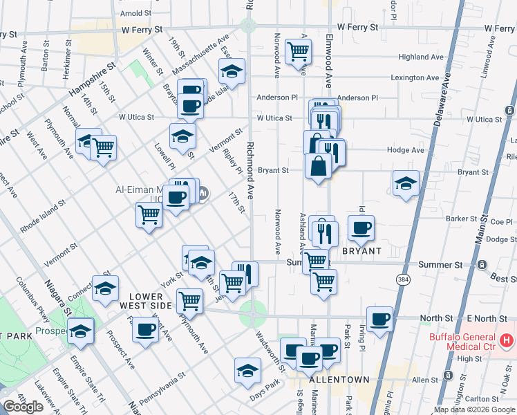 map of restaurants, bars, coffee shops, grocery stores, and more near 175 Richmond Avenue in Buffalo