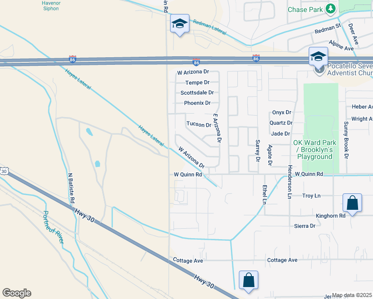 map of restaurants, bars, coffee shops, grocery stores, and more near 136 West Arizona Drive in Pocatello