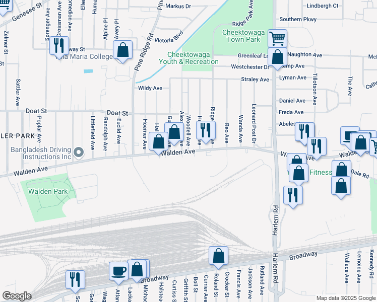 map of restaurants, bars, coffee shops, grocery stores, and more near Walden Avenue & Woodell Avenue in Buffalo