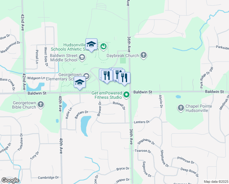 map of restaurants, bars, coffee shops, grocery stores, and more near 3721 Baldwin Street in Hudsonville