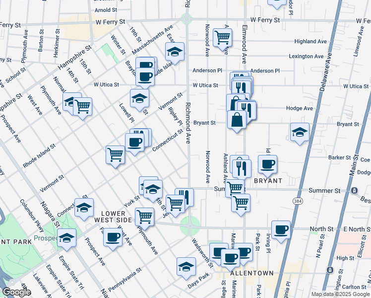 map of restaurants, bars, coffee shops, grocery stores, and more near 184 Richmond Avenue in Buffalo