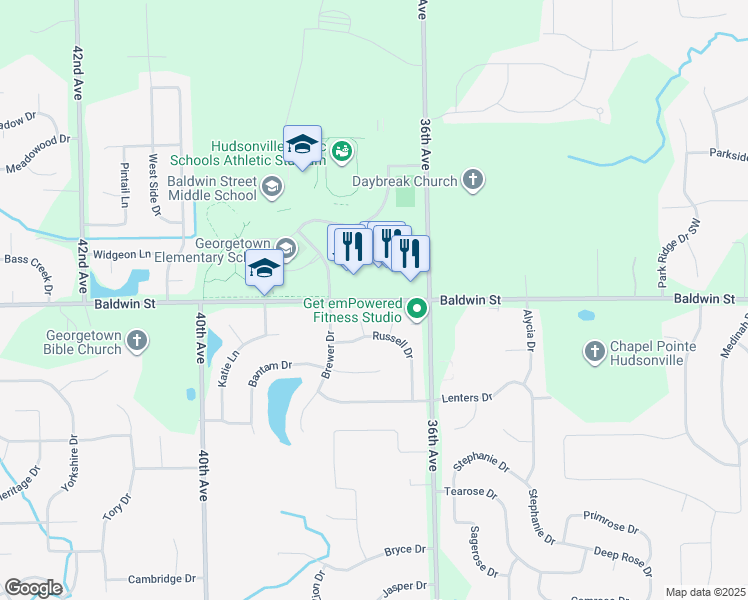 map of restaurants, bars, coffee shops, grocery stores, and more near 3721 Baldwin Street in Hudsonville