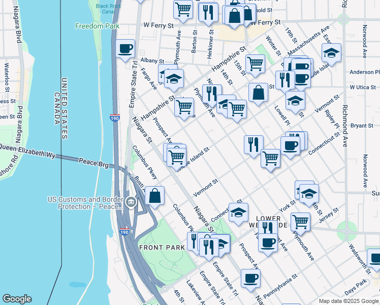 map of restaurants, bars, coffee shops, grocery stores, and more near 132 Rhode Island Street in Buffalo