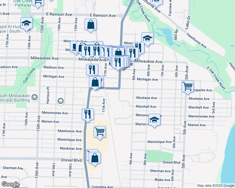 map of restaurants, bars, coffee shops, grocery stores, and more near 1001 Marquette Avenue in South Milwaukee