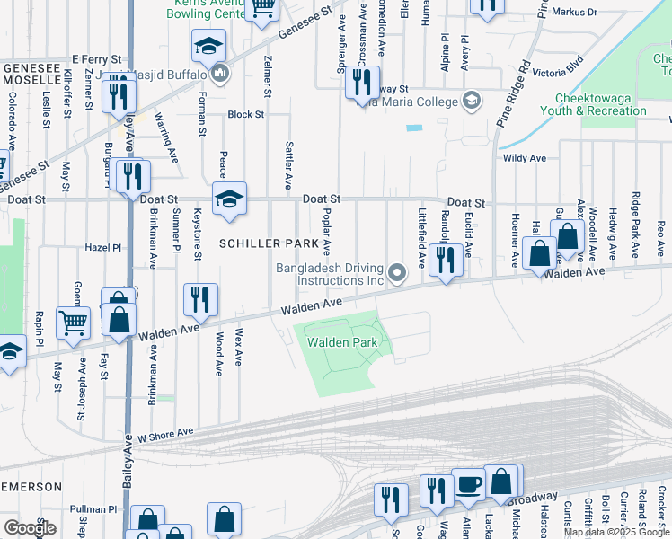 map of restaurants, bars, coffee shops, grocery stores, and more near 45 Poplar Avenue in Buffalo