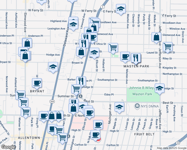 map of restaurants, bars, coffee shops, grocery stores, and more near 39 Northampton Street in Buffalo