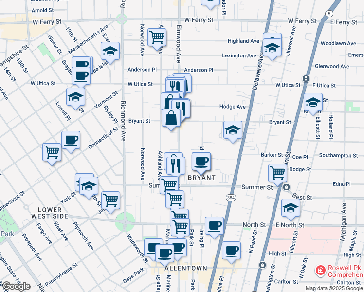 map of restaurants, bars, coffee shops, grocery stores, and more near 382 Elmwood Avenue in Buffalo