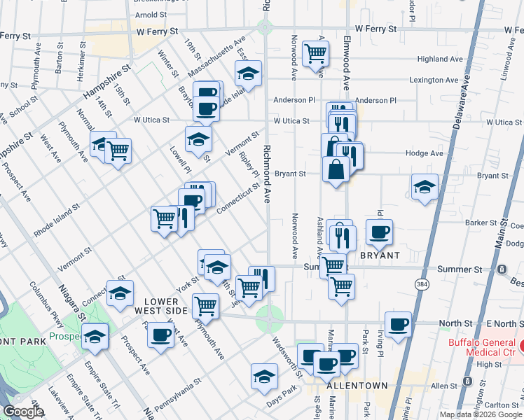 map of restaurants, bars, coffee shops, grocery stores, and more near 184 Richmond Avenue in Buffalo
