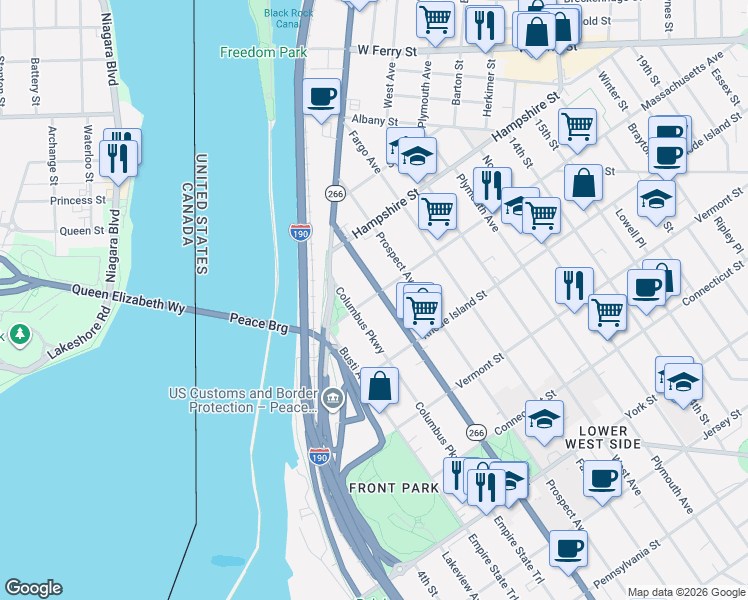 map of restaurants, bars, coffee shops, grocery stores, and more near 52 Massachusetts Avenue in Buffalo