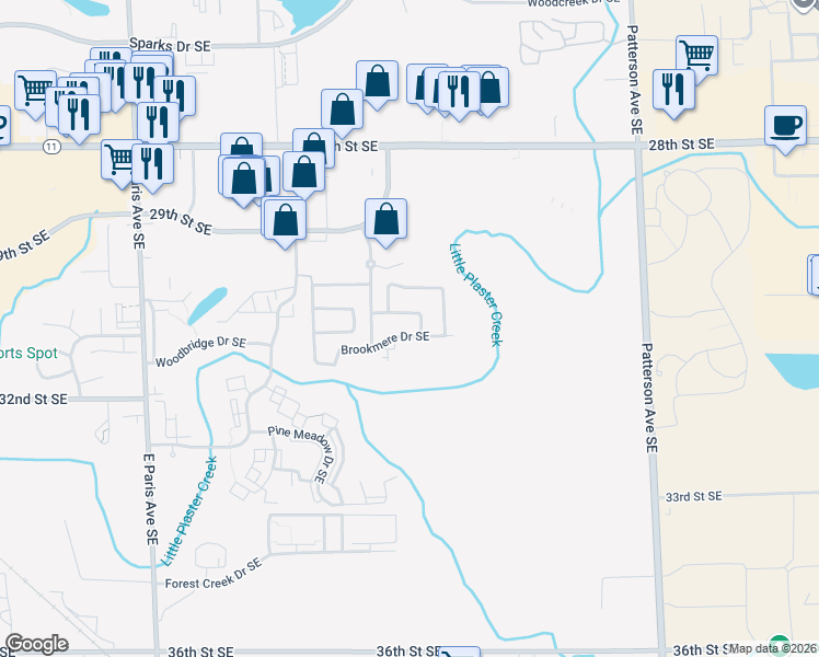 map of restaurants, bars, coffee shops, grocery stores, and more near 4408 Brookhaven Place Southeast in Kentwood