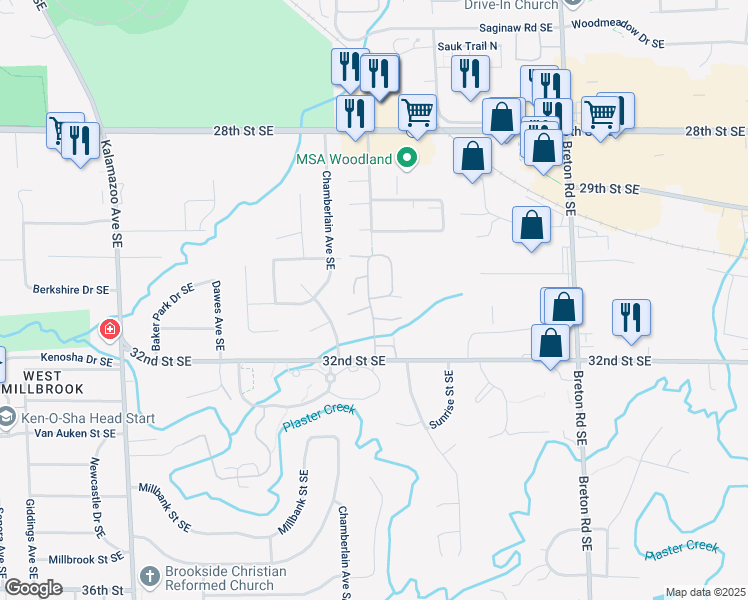 map of restaurants, bars, coffee shops, grocery stores, and more near 2043 Nathan Drive Southeast in Grand Rapids