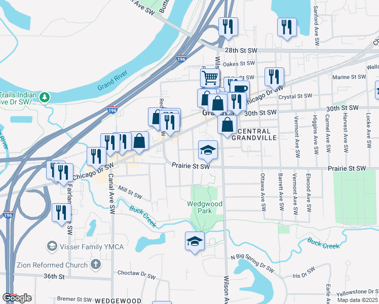 map of restaurants, bars, coffee shops, grocery stores, and more near 3139 Washington Avenue Southwest in Grandville