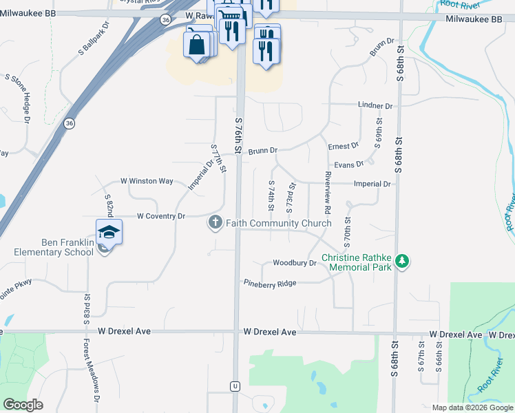 map of restaurants, bars, coffee shops, grocery stores, and more near 7538 South 75th Street in Franklin