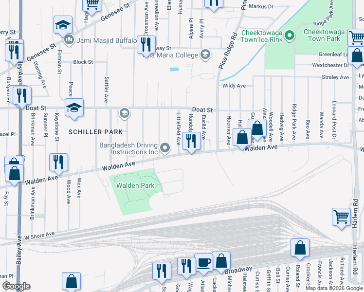 map of restaurants, bars, coffee shops, grocery stores, and more near 23 Littlefield Avenue in Buffalo