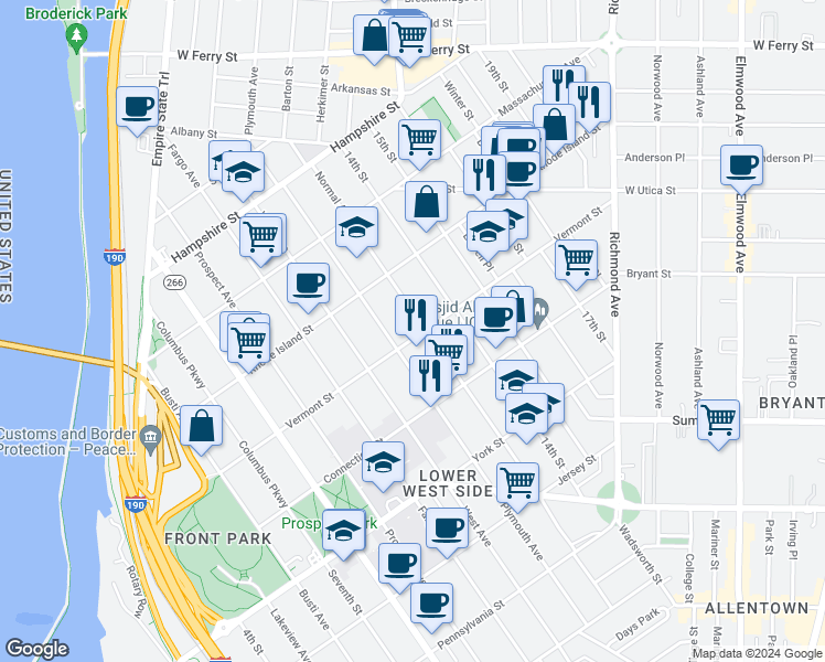map of restaurants, bars, coffee shops, grocery stores, and more near 244 Vermont Street in Buffalo