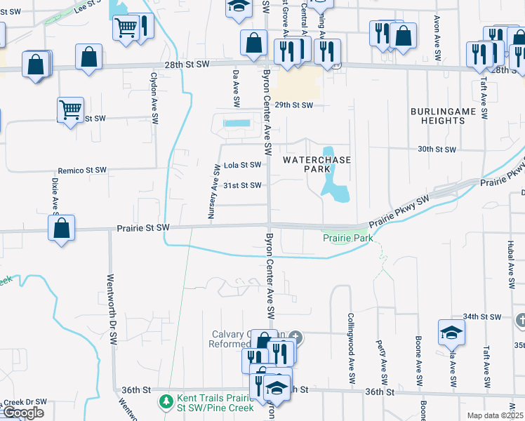 map of restaurants, bars, coffee shops, grocery stores, and more near 3139 Byron Center Avenue Southwest in Wyoming
