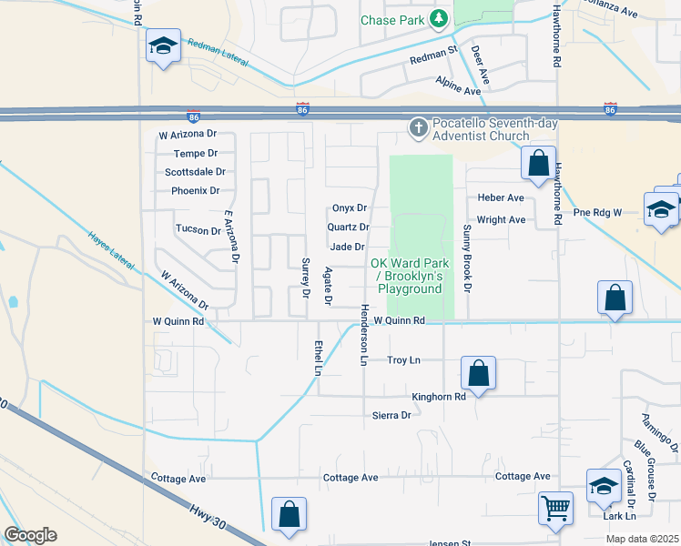 map of restaurants, bars, coffee shops, grocery stores, and more near 1621 Garnet Dr in Pocatello