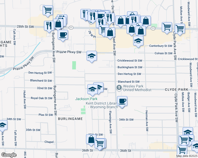 map of restaurants, bars, coffee shops, grocery stores, and more near 1305 Blanchard Street Southwest in Wyoming