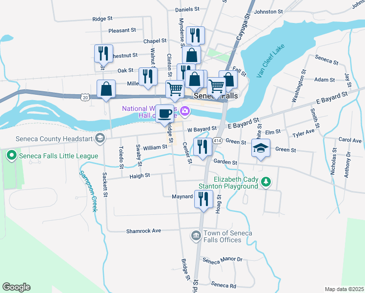 map of restaurants, bars, coffee shops, grocery stores, and more near 16 Center Street in Seneca Falls
