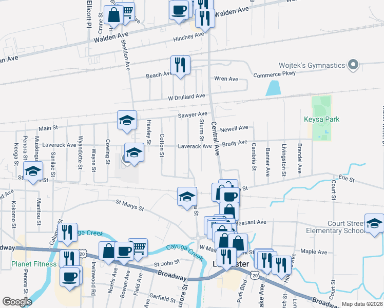 map of restaurants, bars, coffee shops, grocery stores, and more near 57 Carter Street in Lancaster